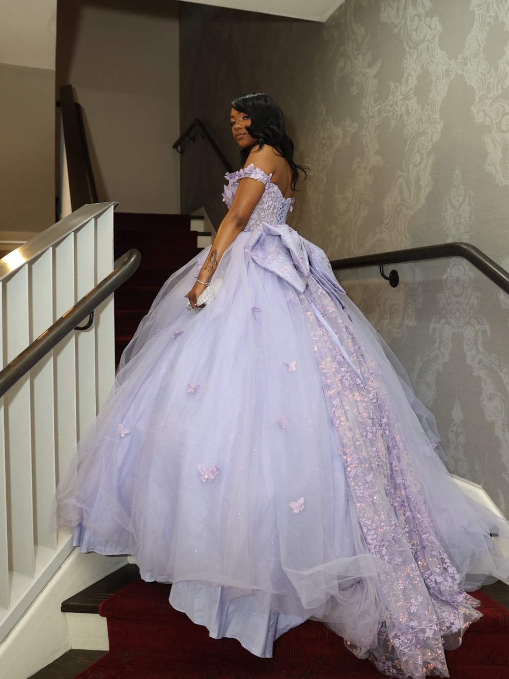 Lavender Off-Shoulder Ball Gown with Butterfly Accents